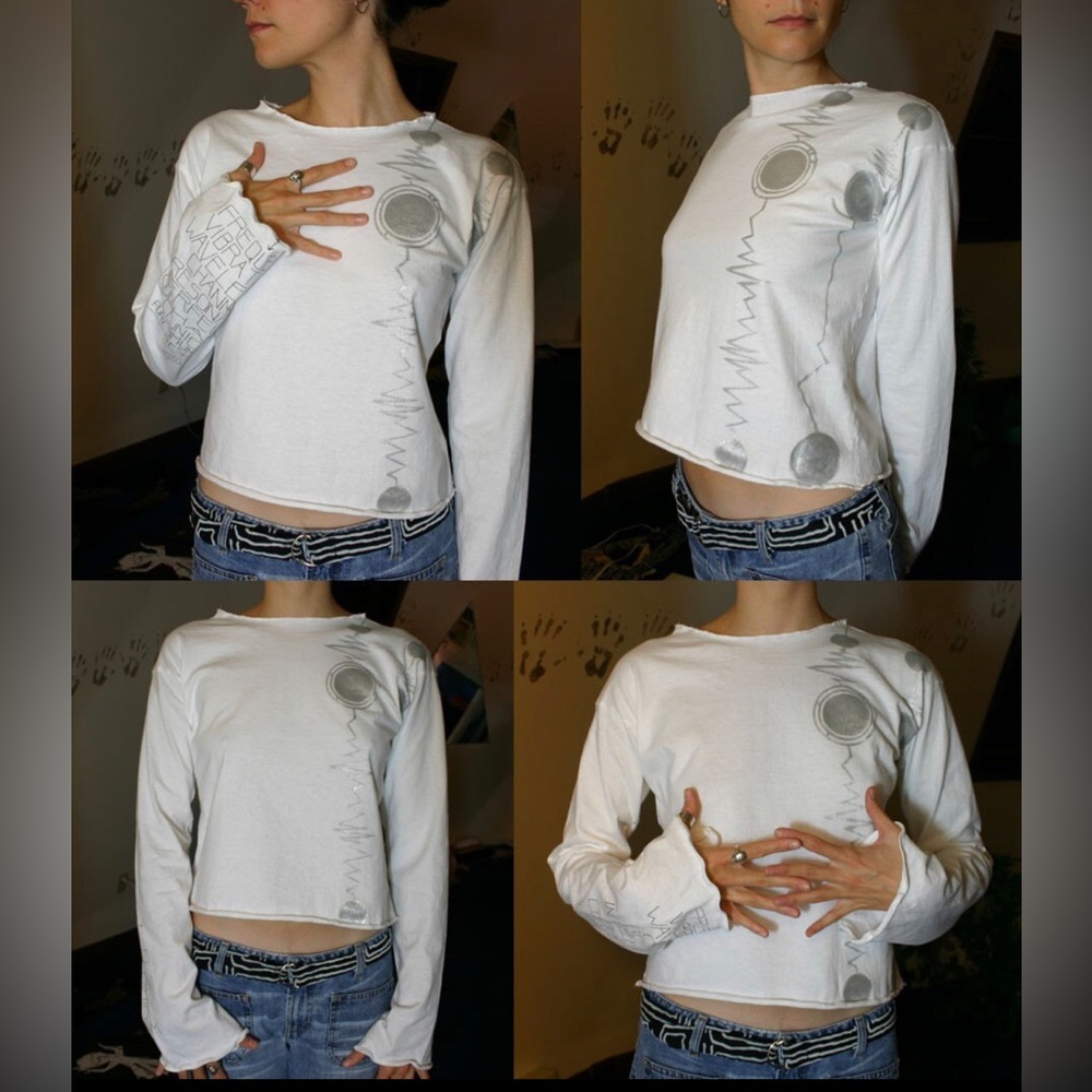 Unique shirt, small, see description. White cotton tee, silver metallic design.